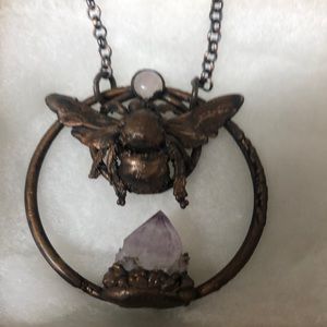 Copper electroformed bee with lavender and spirit quartz